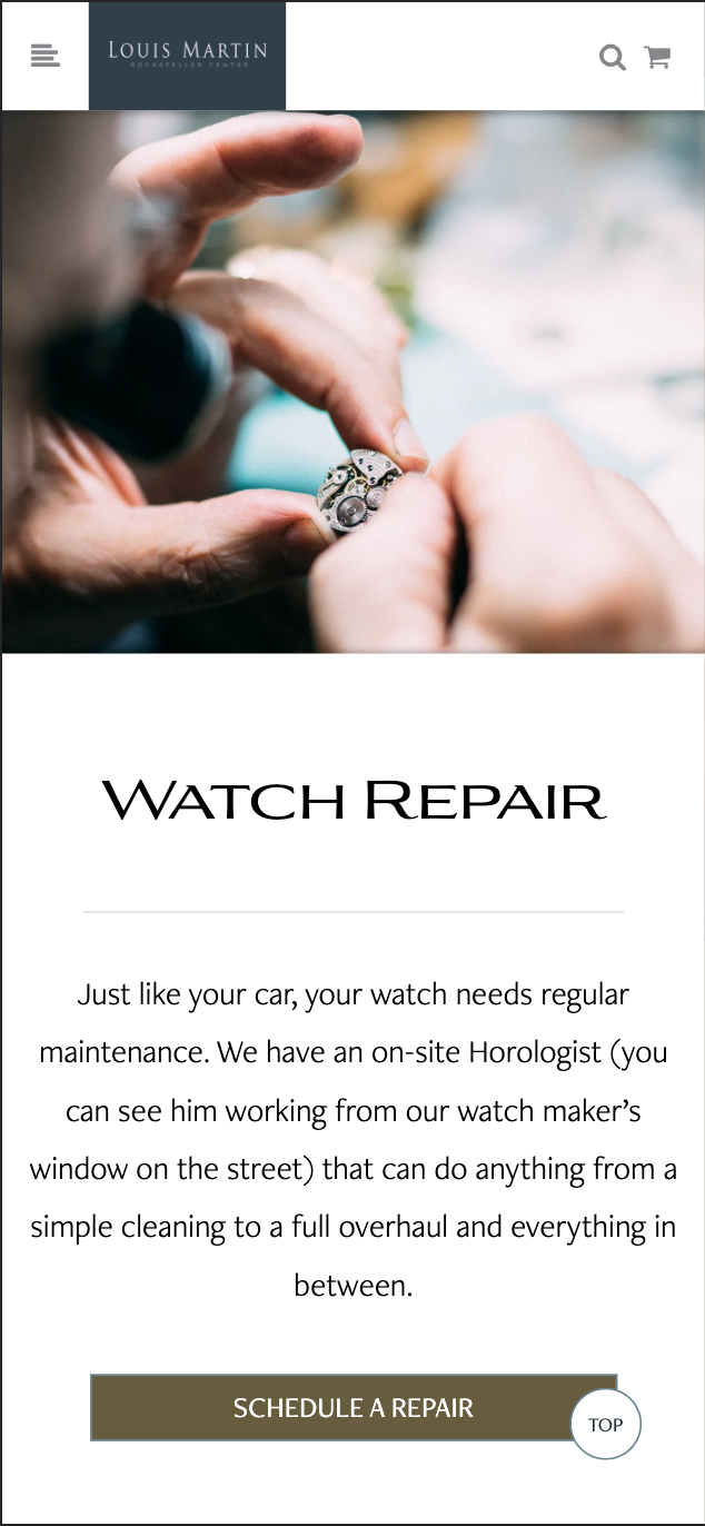 LMJ screenshot of Watch Repair page in mobile view